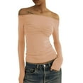 thumbnail image 1 of Women y2k Fairycore Tops Solid Color Off Shoulder Flared Long Sleeve T-Shirts, 1 of 4