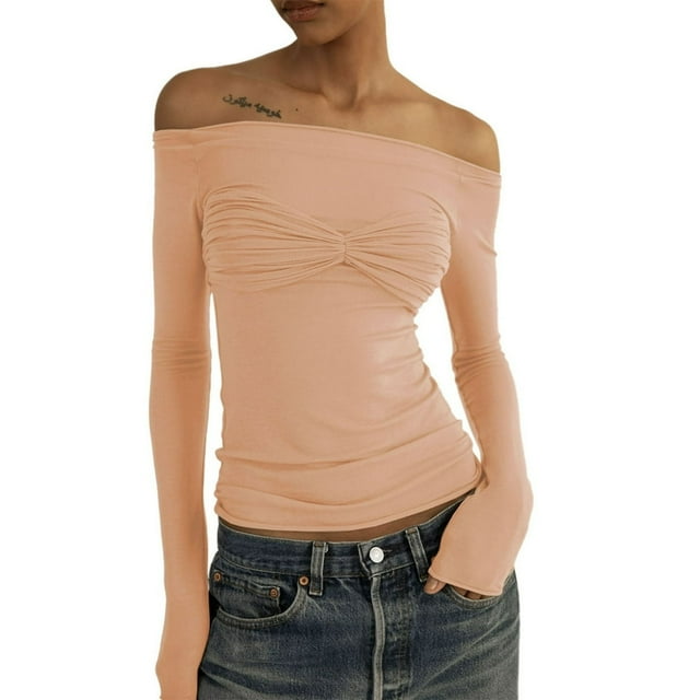 Women y2k Fairycore Tops Solid Color Off Shoulder Flared Long Sleeve T-Shirts
