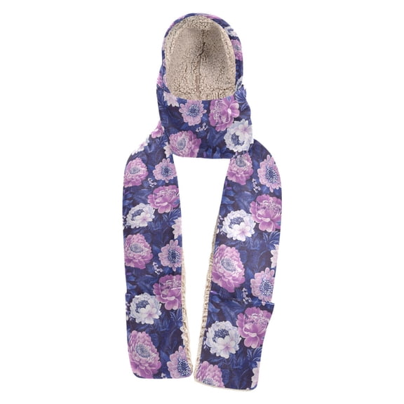 BZSMCE Warm Fleece Hood Scarf Wrap Violet Blossoms Pattern