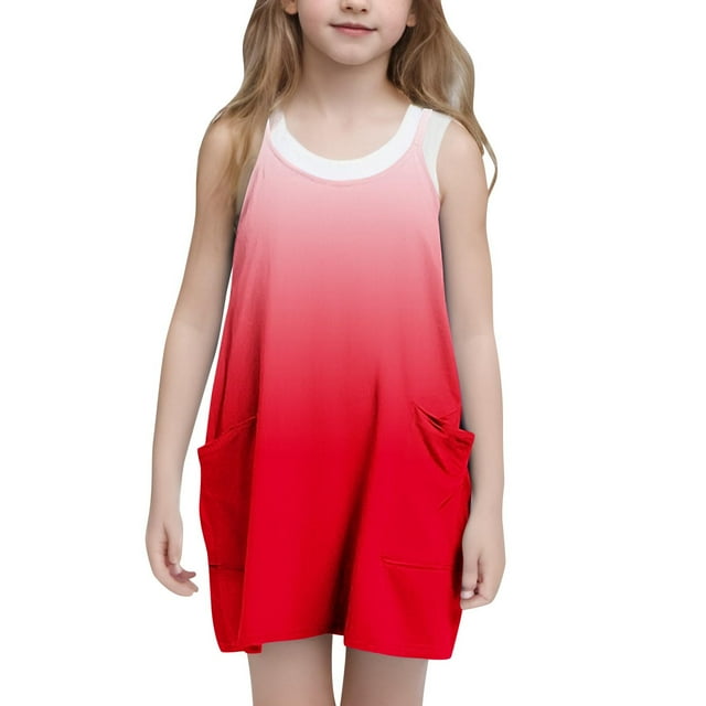Bwiyojiz Tailles Mode 120-160 Robe Sans Manches à Col Rond Décontractée d'Été à Bretelles Combishort Robes Tennis avec Poches pour Enfant, 13 Ans, Cadeaux pour la Famille, Rouge