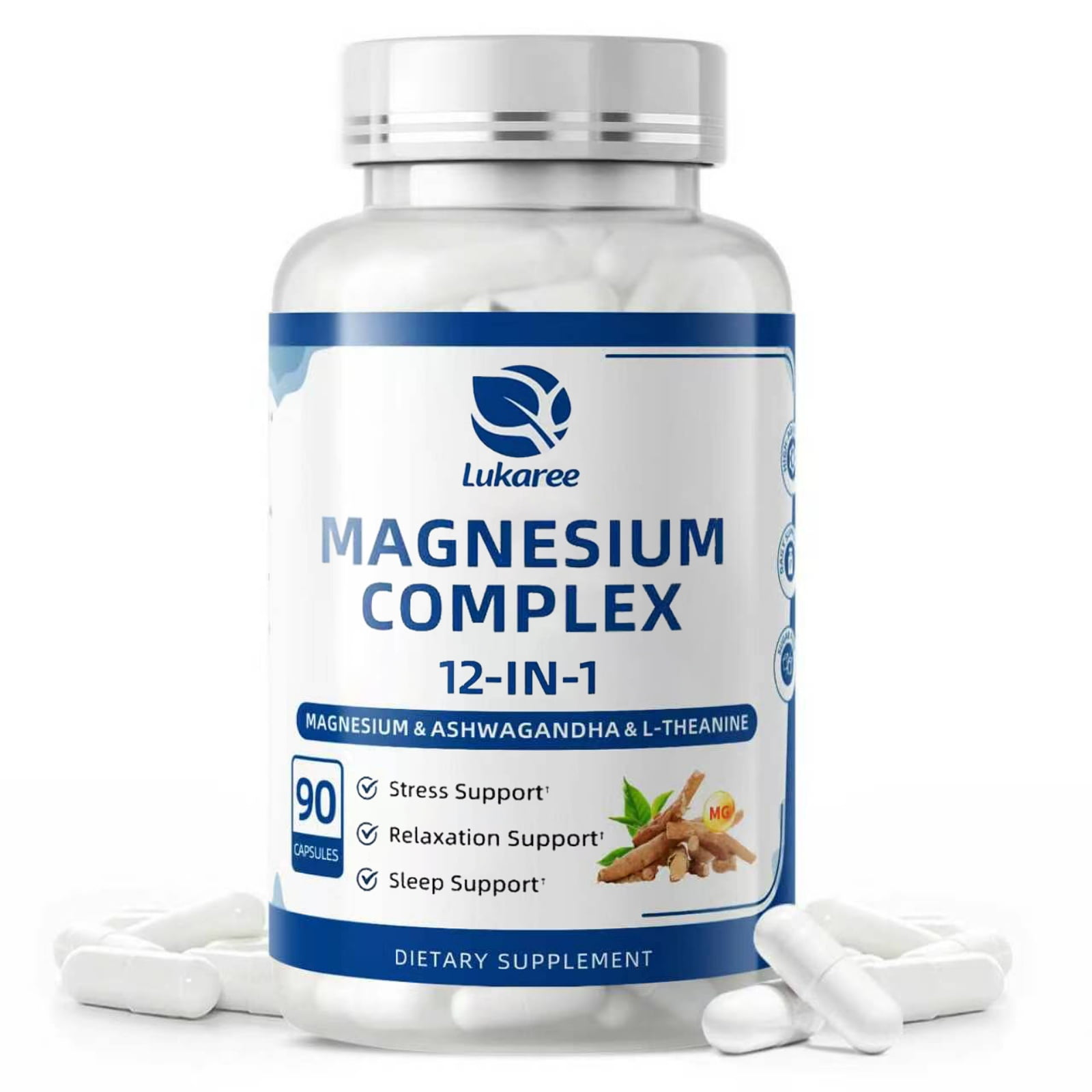 Lukaree 12-in-1 Magnesium Complex with Ashwagandha & L-Theanine – Advanced Magnesium Supplement for Stress, Mood Support & Restful Sleep – 90 Veggie Capsules