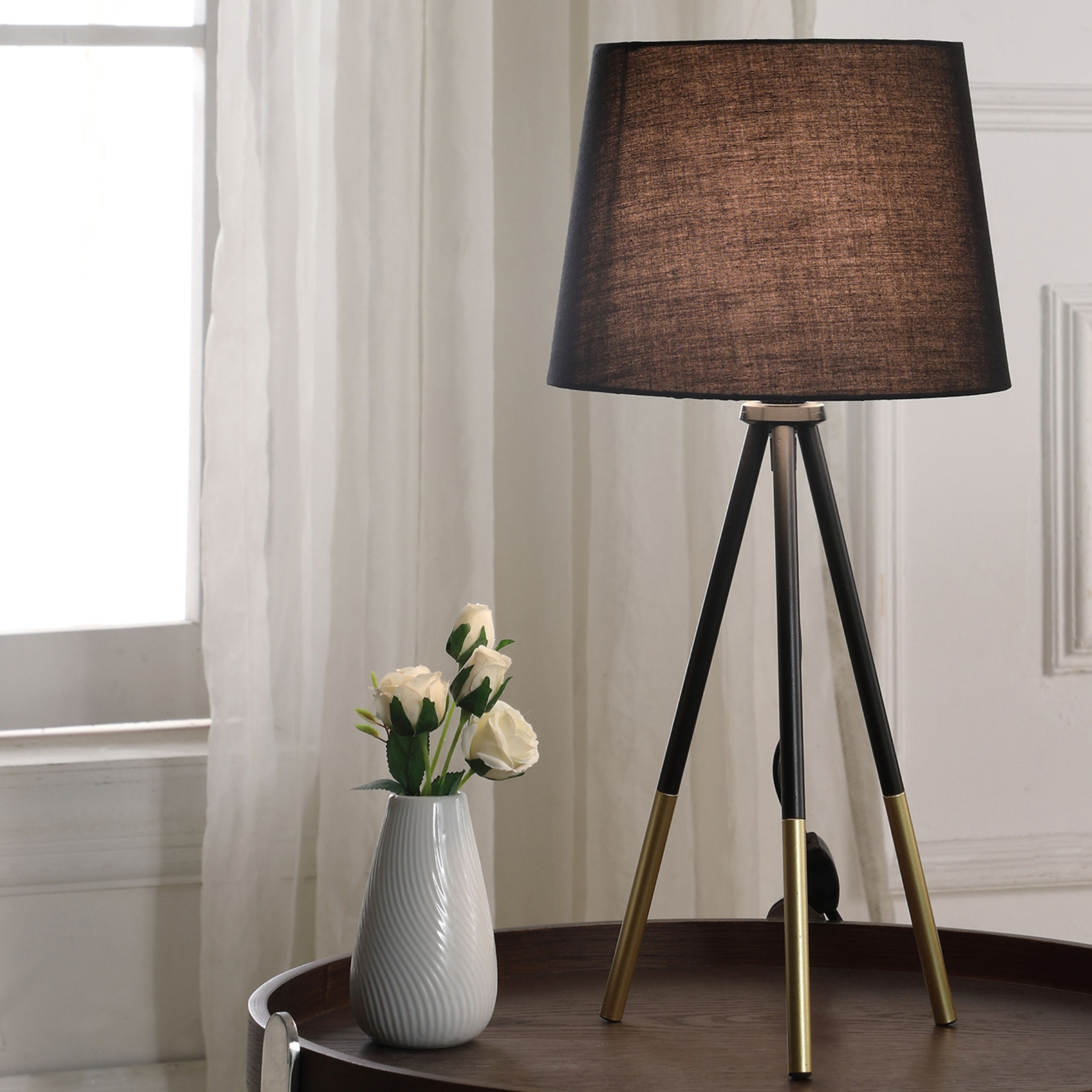 Noble House 20" Devon Tripod Metal Table Lamp, Vintage Design with Semi-Drum Shade, for Small Space, Matte Black