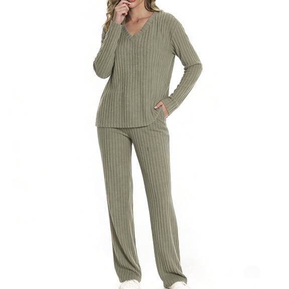 MecTo Women Pajamas Sets, Lady Long Sleeves Wide-Leg Pant with Pockets PJ, Green, 2 piece, Size M