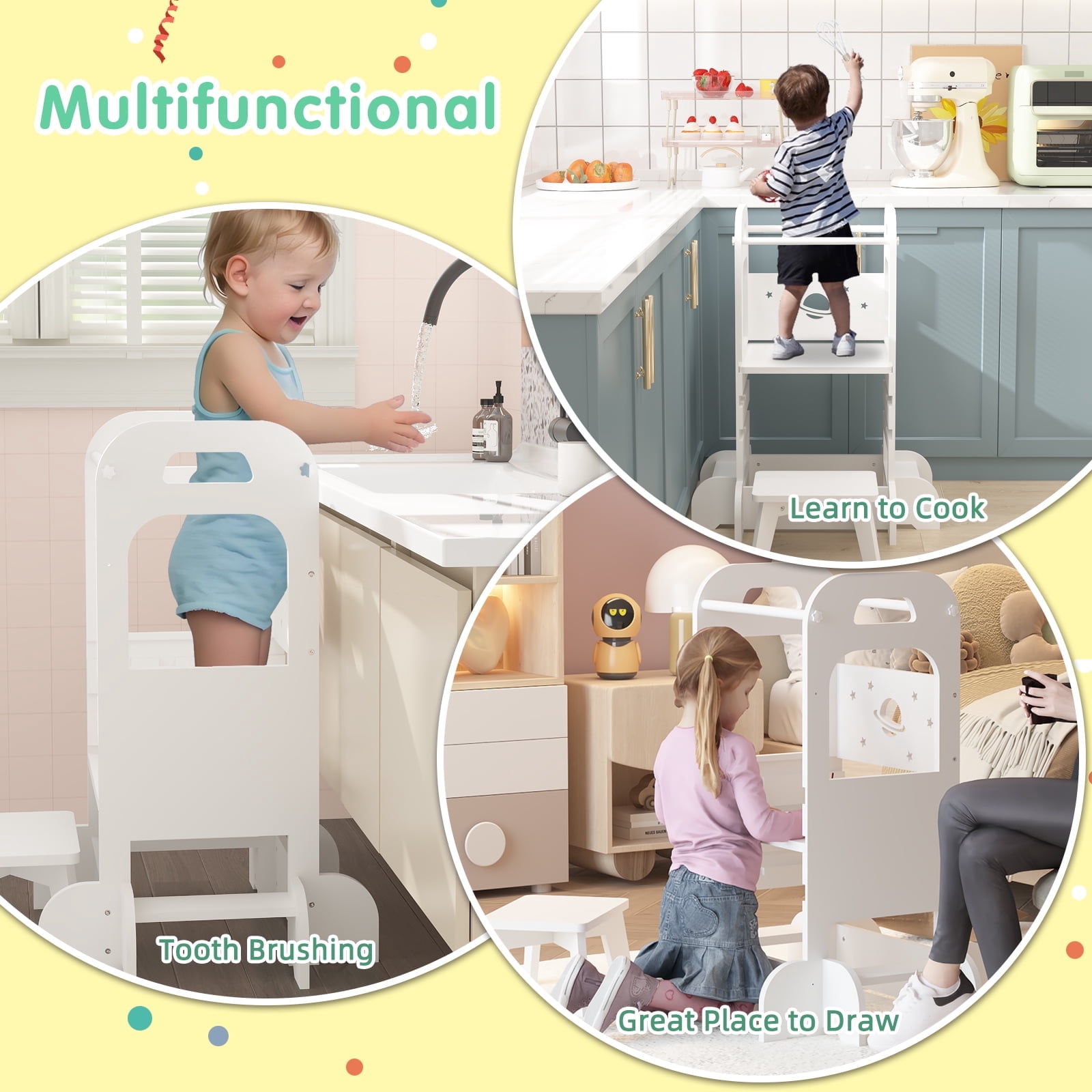 Yoneston Toddler Tower with Stool, Sky Pattern Designed Toddler Kitchen Kids Step Stool Helper with Safety Protection, White