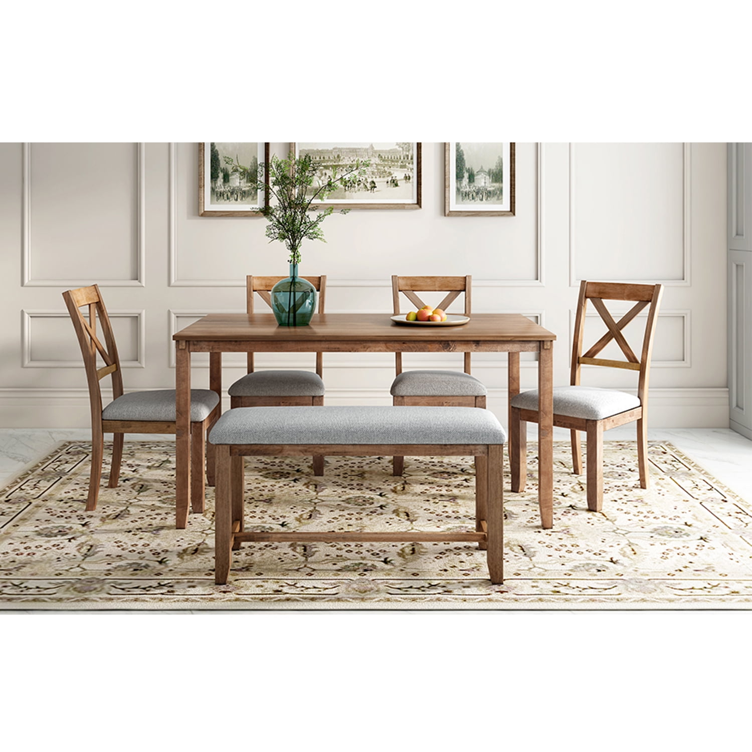 Kadyn 6-Piece Kitchen Dining Table Set Wooden Rectangular Dining Table, 4 Fabric Chairs and Bench Family Furniture (Natural Cherry)
