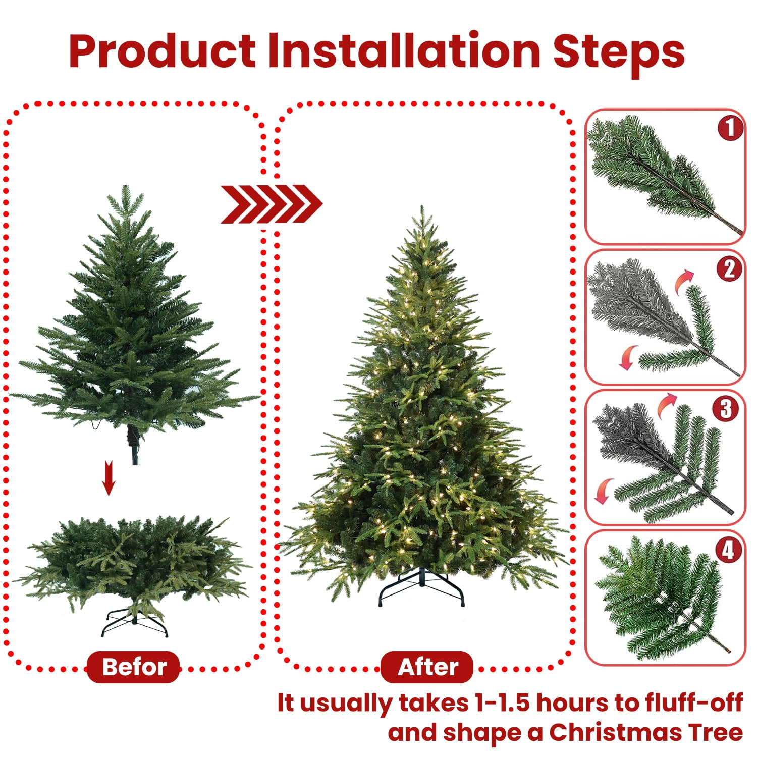 6.5ft Pre-Lit Artificial Christmas Tree with 450 Warm White Incandescent Lights, 2225 Tips, PE+PVC Hinged Pine, Foldable Metal Stand