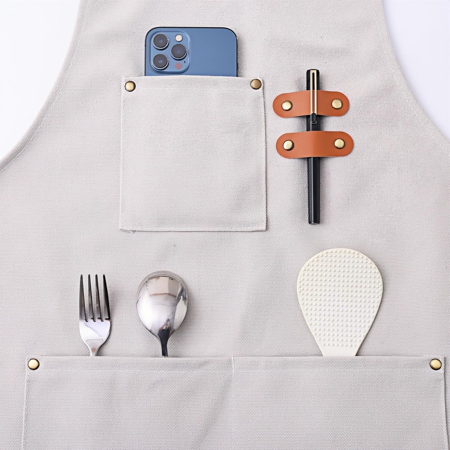 Chef Apron Medium-Thick Cotton Canvas,Cross Back with Multiple Pockets Adjustable Work Apron for Men and Women (Beige)
