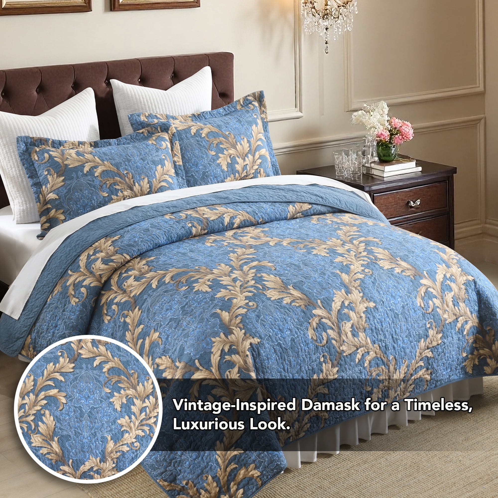 BCOTTOND Floral Quilt Set King Size - Reversible Dimensional Botanical Bedspread - 100% Cotton Pre-Washed Luxury Coverlet with 2 Pillow Shams(Bule/Brown)