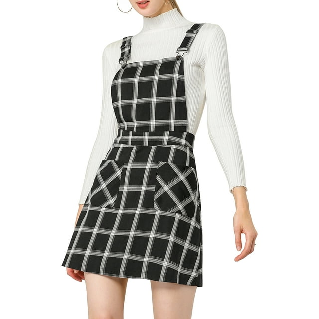 Unique Bargains Robe Salopette à Carreaux pour Femme à Bretelles Ajustables