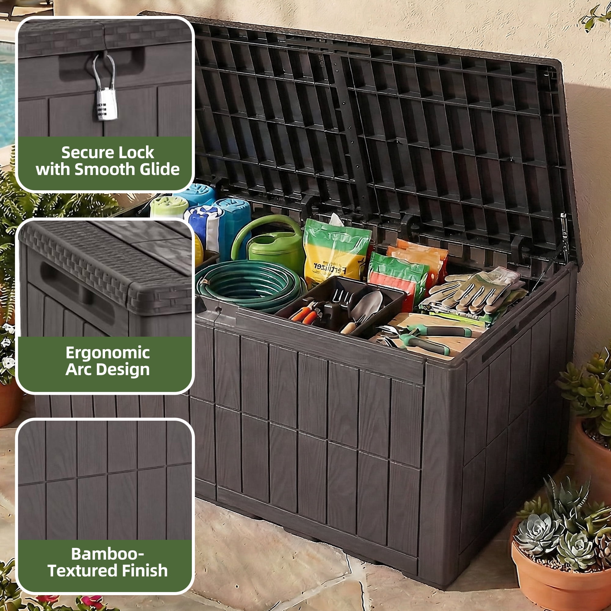 Uforic 134 Gallon Large Outdoor Deck Box, Waterproof Resin Patio Storage Box with Lockable Latch, 2-Person Bench Seat Design for Patio Cushions, Garden Tools and Pool Accessories, Dark Brown