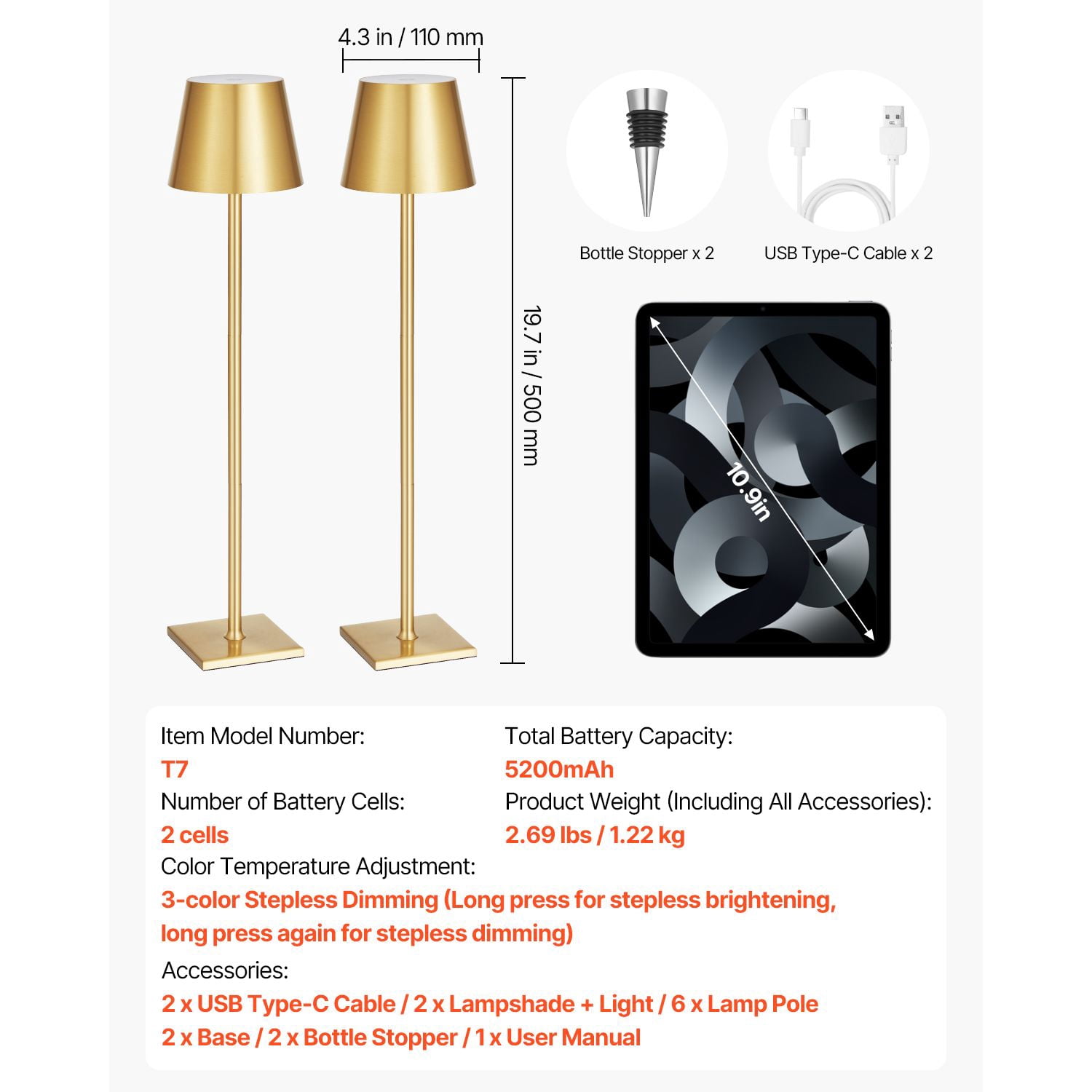Cordless Table Lamp 2-Pack 5200mAh Rechargeable Battery Desk Lamp Stepless Dimming 10%-100% 3 Color Temperatures 3 Heights Detachable for Bottle Decor Gold