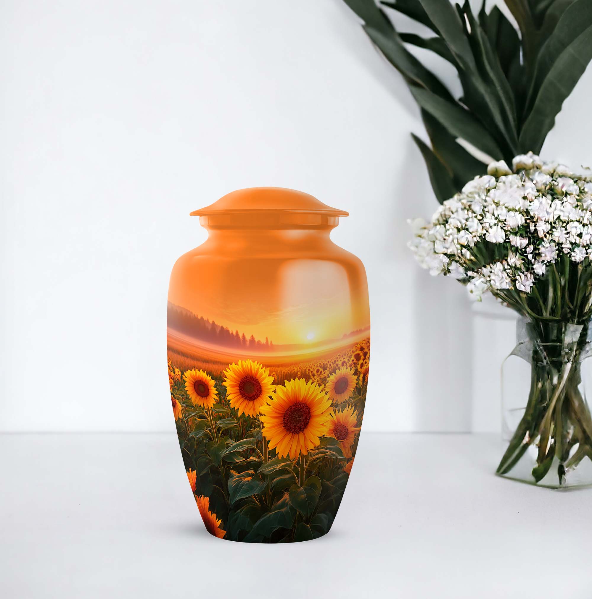 Sunflower Urns For Human Ashes Adult Man, Orange Decorative Urn For Ash Adult Male - 1 Large 10 Inch, Sunset Funeral Cremation Urn For Ashes For Women - 3 Inch Small Set Of 4
