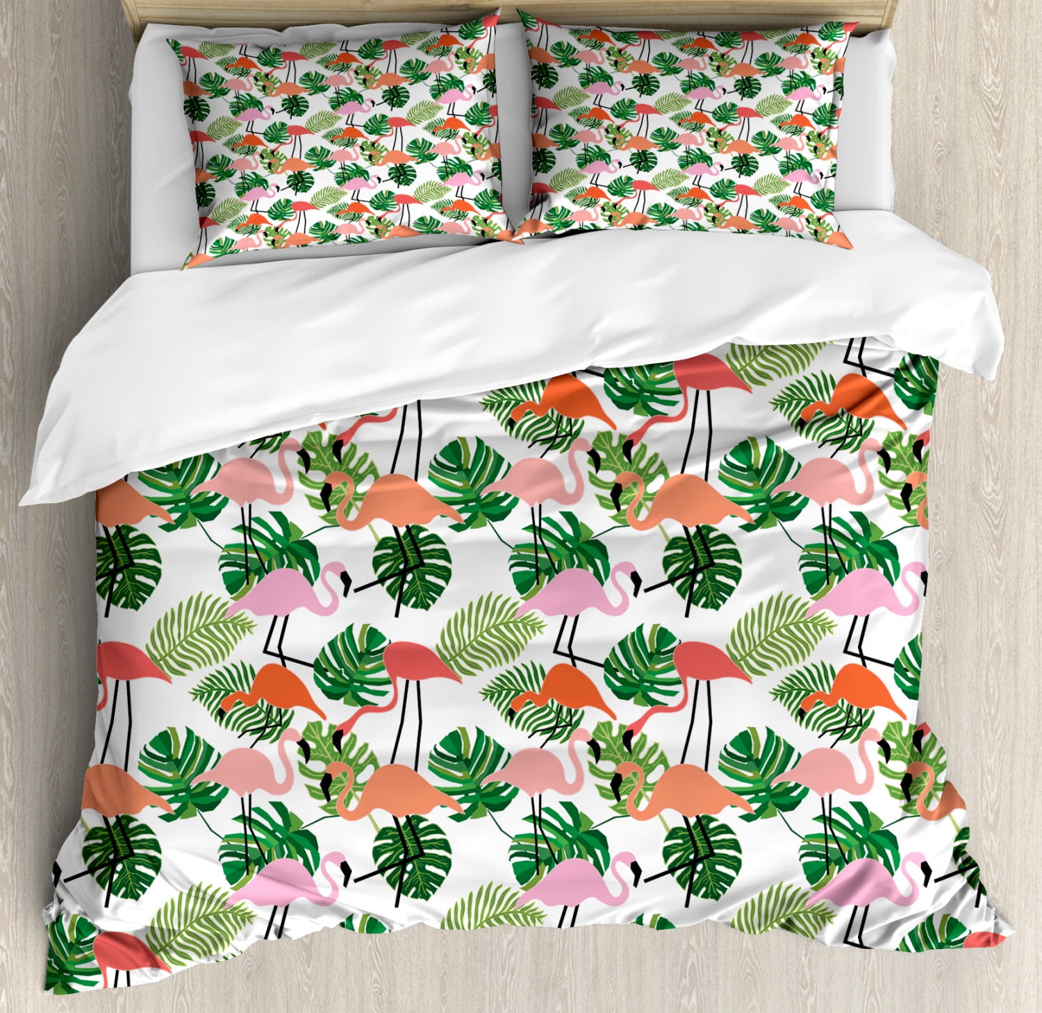Tropical Duvet Cover Set King Size, Hipster Theme with Flamingo Birds