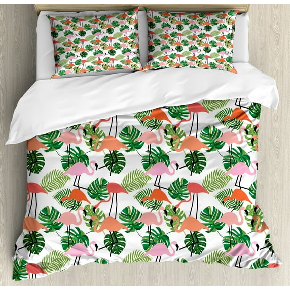 Tropical Duvet Cover Set King Size, Hipster Theme with Flamingo Birds Monstera Leaves Hawaiian Jungle, Decorative 3 Piece Bedding Set with 2 Pillow Shams, Salmon Pink Green and White, by Ambesonne