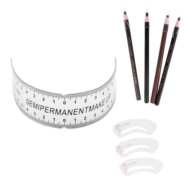 4 piezas ceja lápiz + 3 piezasplantilla tarjeta de ceja + 1 piezas regla de cejas de maquillaje Juego con 4 lápices de cejas (negro, café oscuro, café, café claro) con grosor aprox. 3.5 mm, 3 plantillas plásticas curvadas para trazar arcos y 1 regla transparente curva de 22 x 3.5 cm marcada con graduaciones y texto negro, sobre fondo blanco. Adecuado también para practicar trazos y plantillado de cejas de forma no profesional.