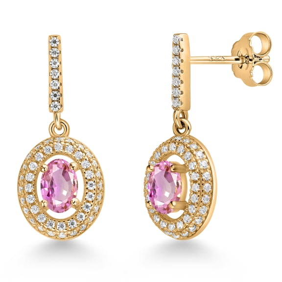 Gem Stone King 18K Yellow Gold Plated Silver Pink Sapphire and White Moissanite Dangle Earrings for Women (1.71 Cttw, Gemstone September Birthstone, Oval 6X4MM)
