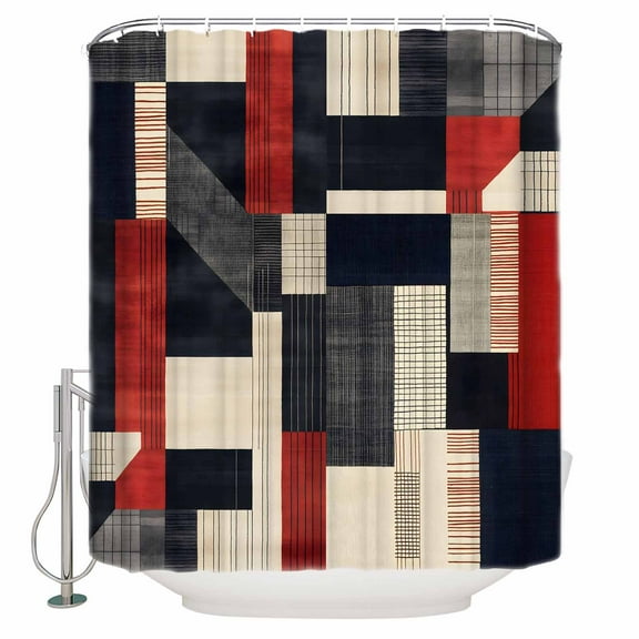 Extra Long Shower Curtain 72x96 Inch, Red Black Beige Shower Curtain Waterproof Bathroom Decor Retro Abstract Geometric Striped Art Fabric Bath Curtain Set Accessories with Hooks
