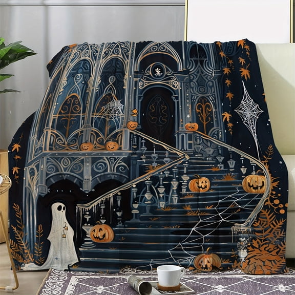 Halloween and Pumpkin Castle Flannel Blanket - Vintage Gothic Style, Soft and Cozy Throw for Sofa, Bed, Car, Office, Camping, Travel - Ideal All-Season Gift