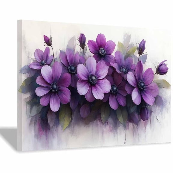 Mudket Framed Canvas Wall Art Purple Flower Floral Prints Wall Decor Vintage Botanical Canvas Print Ready to Hang for Living Room Bedroom Office Farmhouse Flower Wall Pictures - 12"L x 8"W