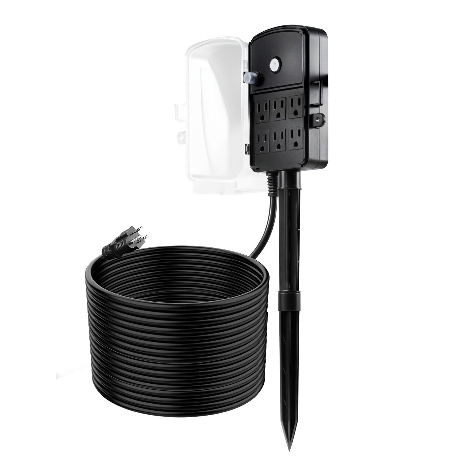 Outdoor Power Stake, 6 Outlets, 15A/1875W, 50 ft Extension Cord, 14AWG SJTW Cable, Waterproof Cover, Overload Protection, for Patio, Garden & Holiday Lighting