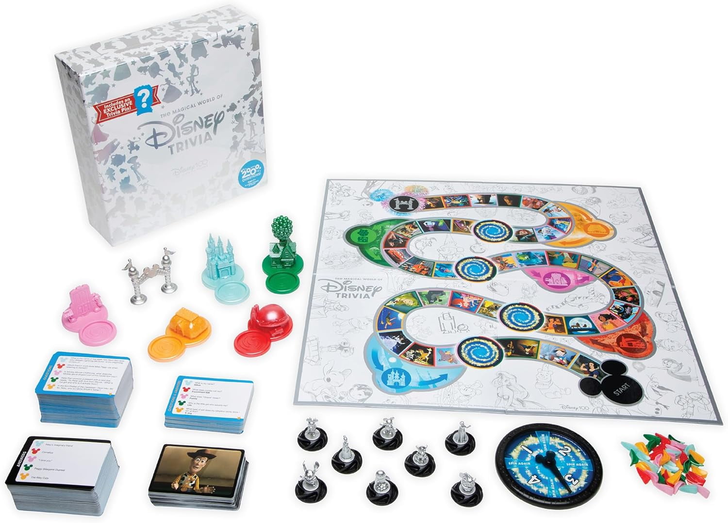 PlayMonster The Magical World of Disney Trivia: 100 Years of Wonder Trivia Board Game Cards for Children with Disney + Pixar Art, Exclusive Pin, for Kids Ages 6+
