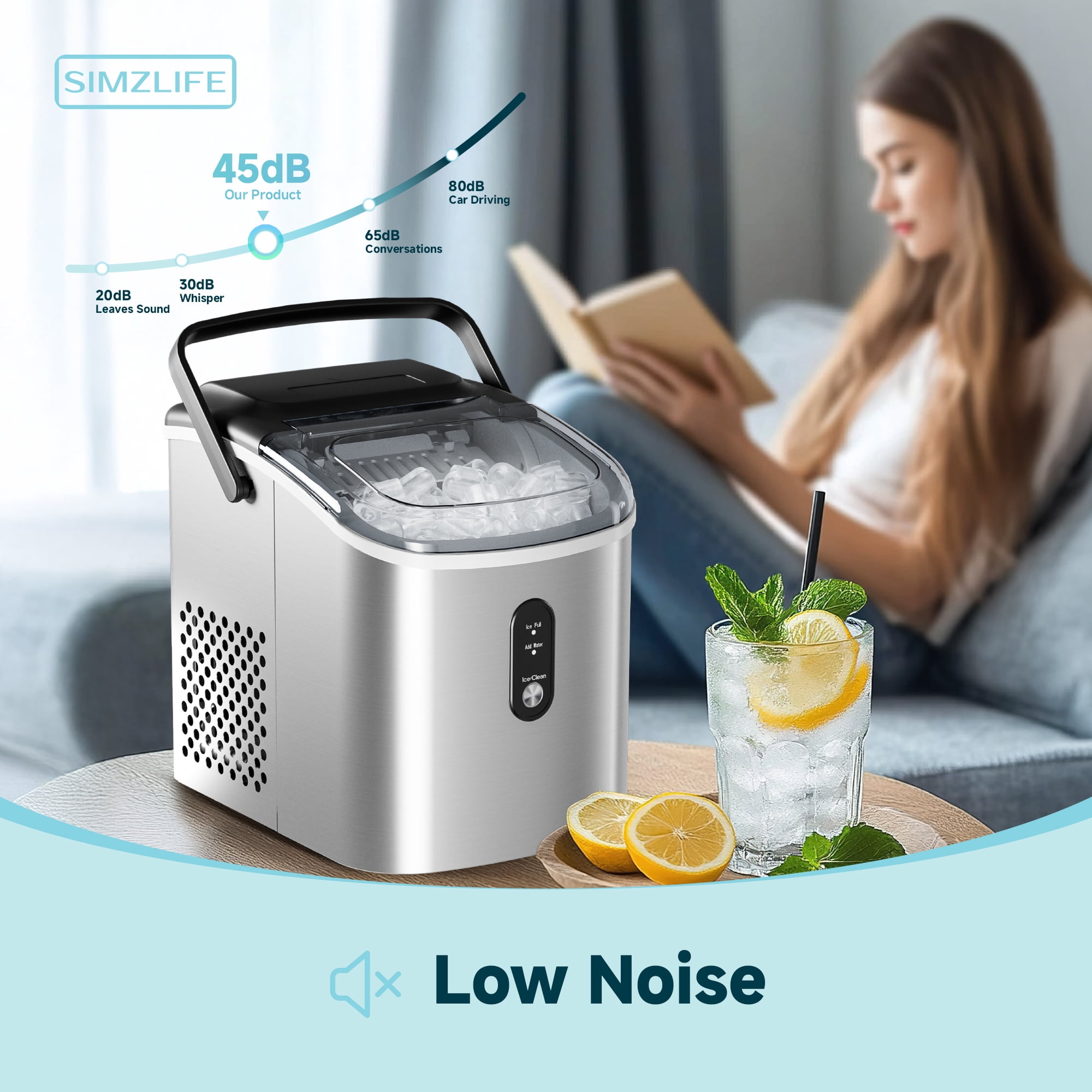 Simzlife Countertop Ice Maker with Handle,Portable Ice Machine with Basket and Scoop, 9 Bullet Ice In 6 Mins, 26Lbs/24H, Self-Cleaning