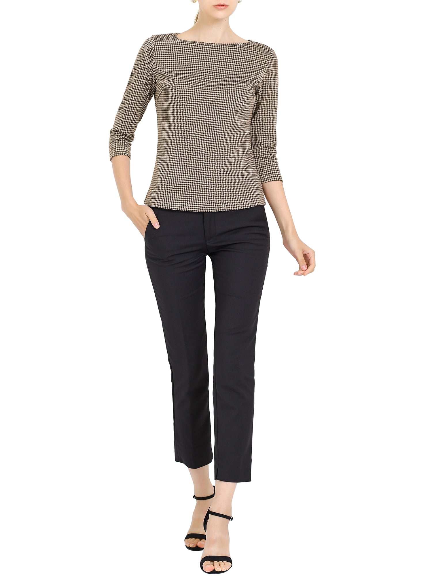 Unique Bargains Women's Work Office 3/4 Sleeve Boat Neck Houndstooth Top S Brown