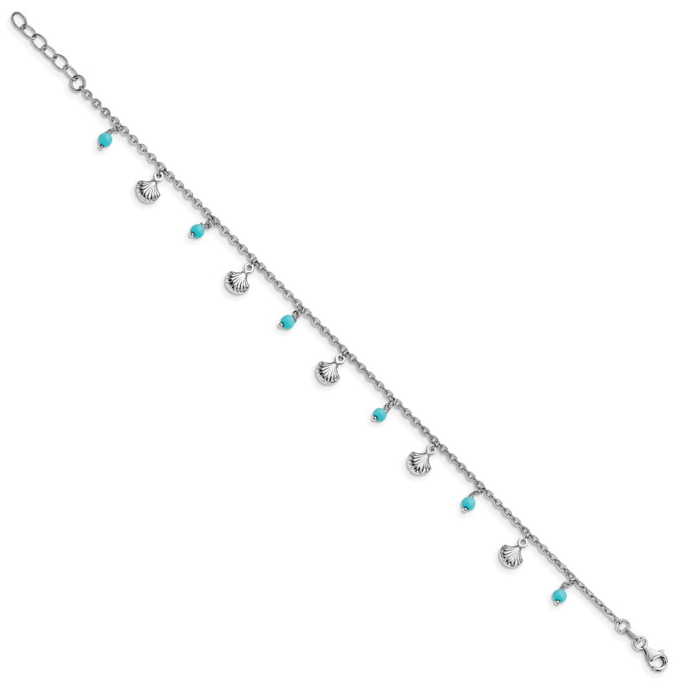 Sterling Silver Anklet Turquoise 9 inch 2 mm Rhodium-plated Adj. 9-10