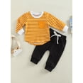 thumbnail image 3 of xiaxaixu Toddler Boys Autumn Outfit Sets Long Sleeve Striped Tops + Solid Color Drawstring Pants, 3 of 9