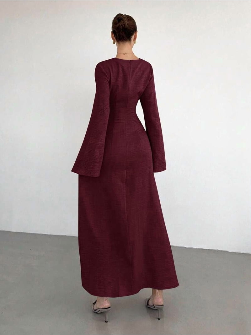 Burgundy Twist Front Flare Long Sleeve Maxi Dress With Ornamental Buckle