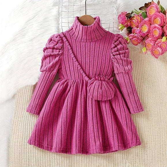 KIDDALLEY Robe Côtelée en Molleton Chaud à la Mode pour Filles / Rose Rouge / 3-4 Ans