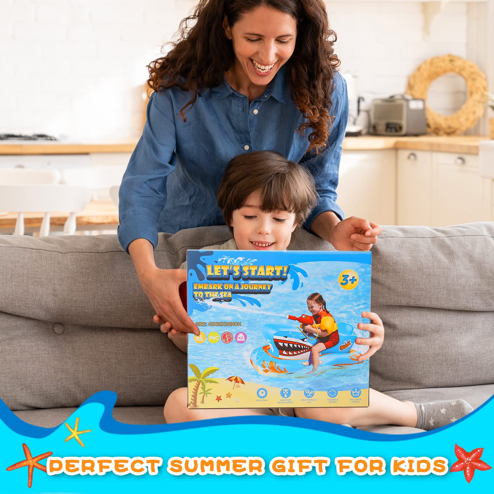 Pool Floats for Kids, Inflatables Shark Ride-on Water Toys with Watergun Swimming Game Boy Girl 3-12