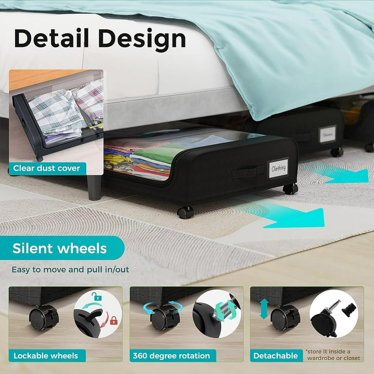 Bamboo Under Bed Storage With Wheels (2-Pack) – Rolling Shoe & Blanket Organizer Bins For Bedroom