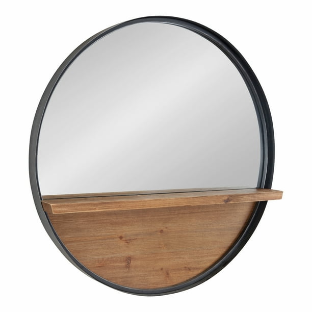 Kate And Laurel Owing Farmhouse Metal Framed Round Mirror With Wood Shelf 30 Inch Diameter Rustic Brown And Black Large Modern Mirror For Wall Walmart Com Walmart Com
