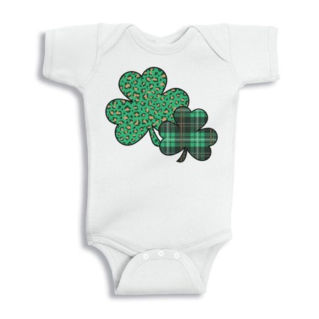 

TeesAndTankYou Leopard and Plaid Pattern Shamrocks St. Patrick s Day Baby Infant One Piece Bodysuit 24 Months White