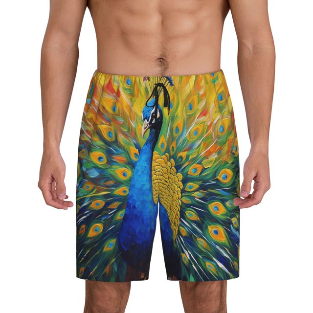Balery Peacocks Pantalones cortos de pijama de punto de algodón para hombre con cinturilla y bolsillos-X-Large
