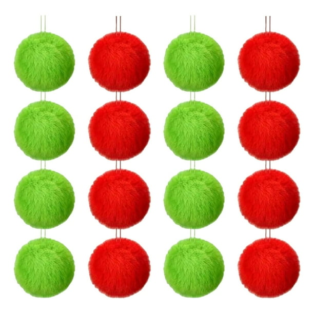 Decoraciones navideñas, adornos navideños, regalos navideños. Juego de 16 piezas de adornos navideños verdes y peludos con pompones rojos decorativos para colgar en el árbol de Navidad.