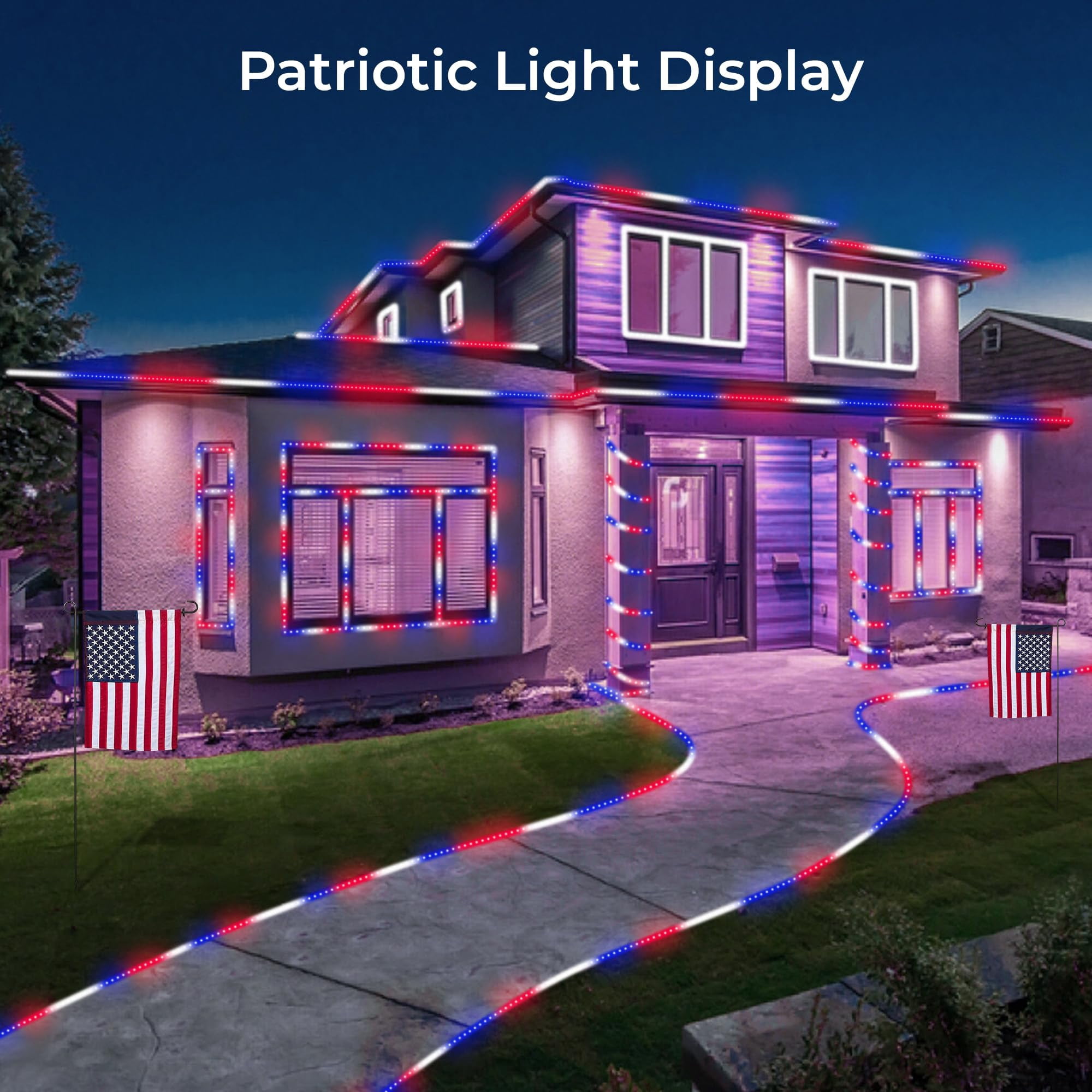 WYZworks 576LEDs 50ft LED USA Patriotic American Red White Blue Outside Rope Lights, Outdoor ETL Certified Waterproof Permanent 360 Degree Light, Flexible Tube, Connectable, Palm Tree Exterior