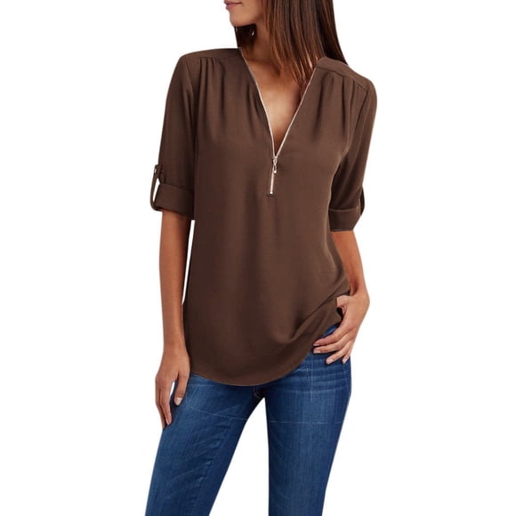 Blusas Umfun para mujer, de manga larga, con cremallera, estilo informal, con cuello en V, enrollables, color café, talla 3XL