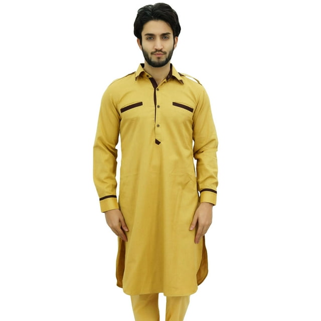 Atasi Chemise Style Pathani Punjabi Ethnique Jaune Longue Kurta Décontractée-TTTG
