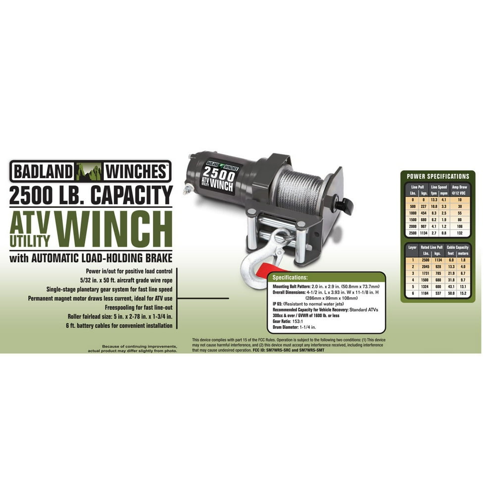 Badland Electric Winch 2500 lb. ATV/Utility Wireless Remote Control