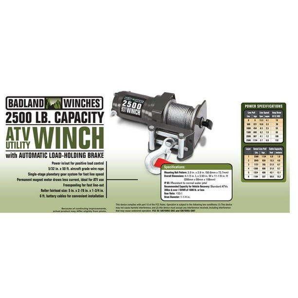 Badland Electric Winch 2500 lb. ATV/Utility Wireless Remote Control 61840