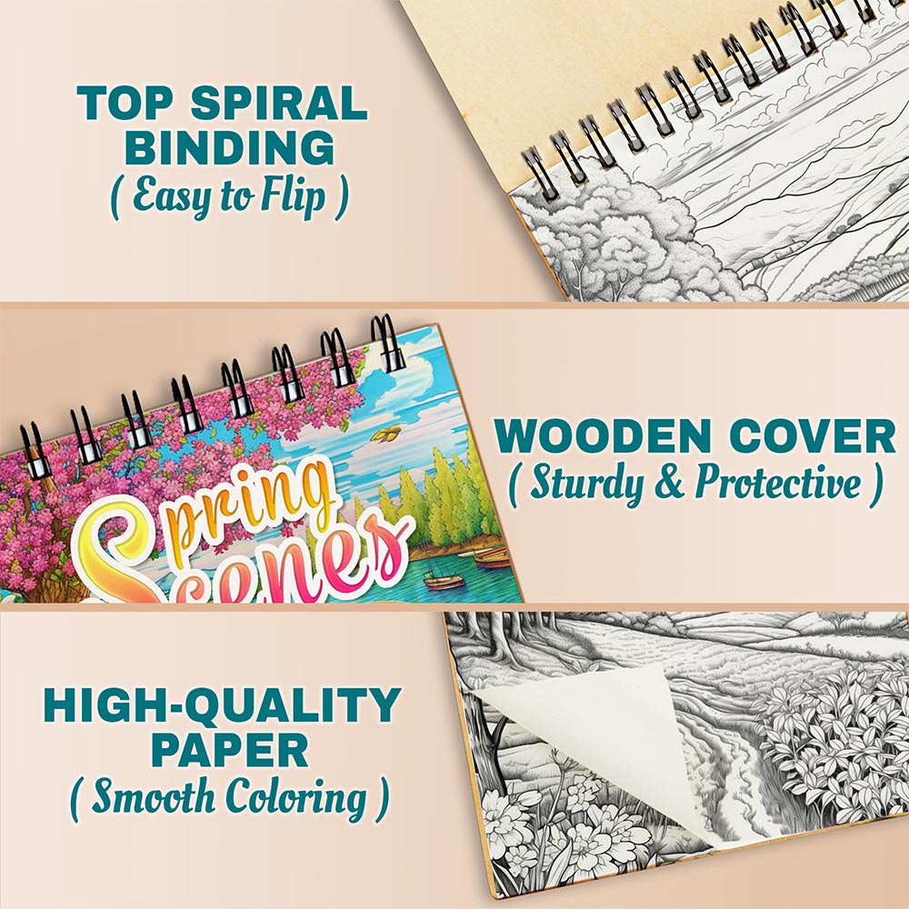 Netecom Spring Scenes Coloring Book Spiral Bound For Adults, A5 Wooden Cover, 30 Delightful Coloring Pages of Blooming Landscapes and Peaceful Gardens for Relaxation and Stress Relief