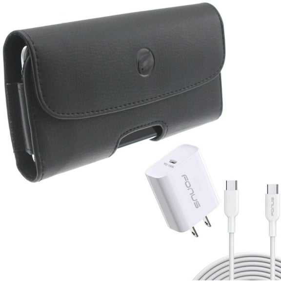 For Moto G Stylus 5G (2023) 18W PD Home Charger w Case Belt Clip Combo - Fast Type-C 10ft Long Cable Quick Power, Leather Holster Cover Pouch for Motorola Moto G Stylus 5G (2023) Phone