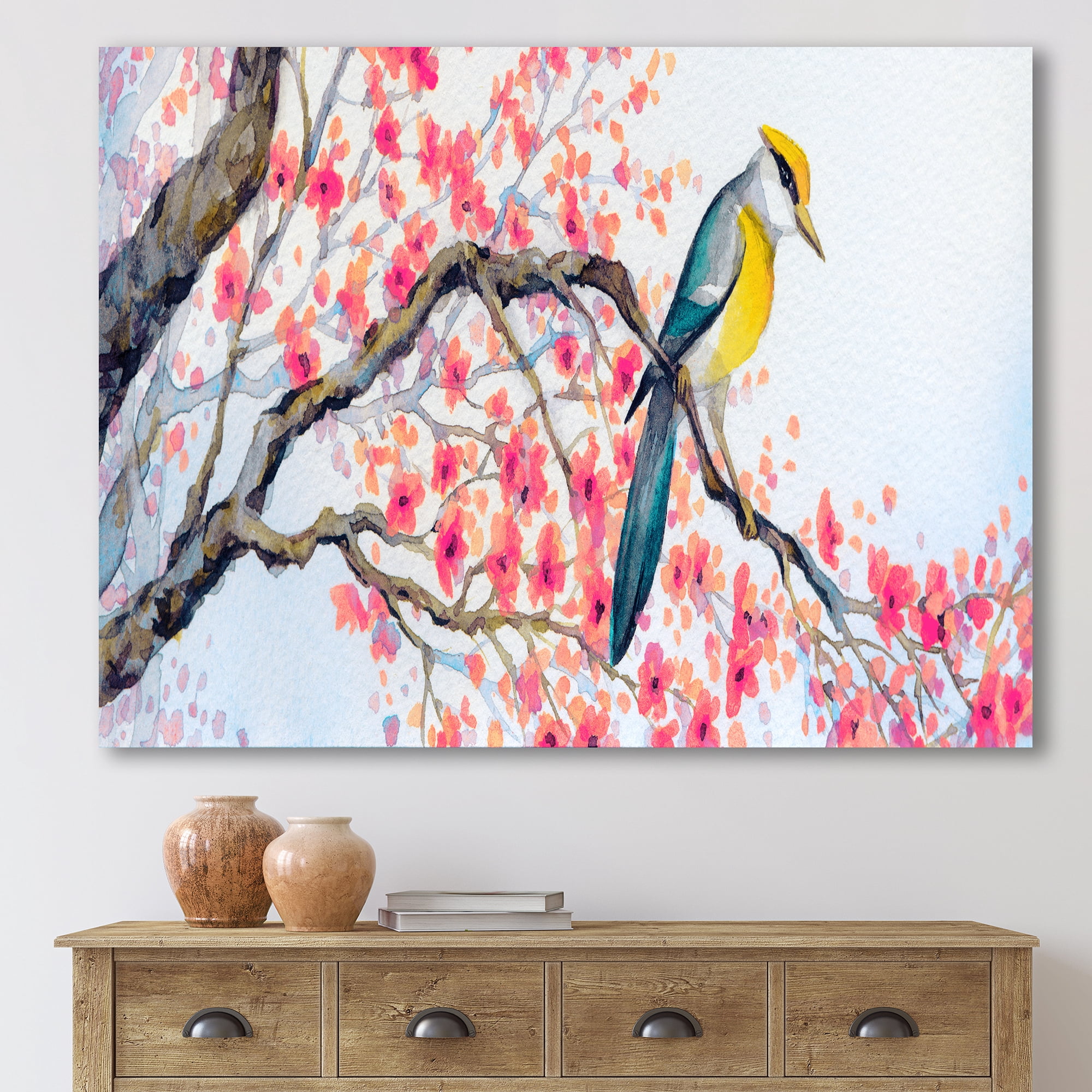 Beautiful Pink Bird Sitting On Flowering Branch I 12 in x 8 in Painting Canvas Art Print, by Designart