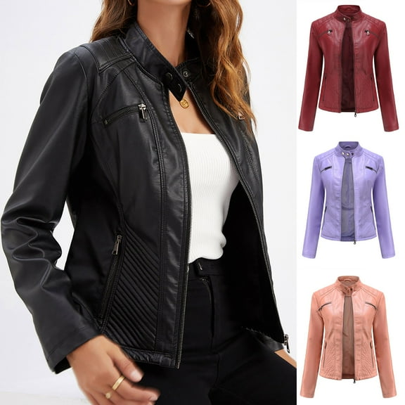 Olyvenn Young Girls Faux Fur Women's Leather Standing Collar Slim Fitting Motorcycle Jacket Leather Jacket Pink 6