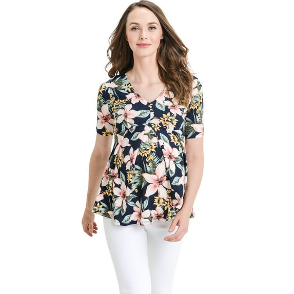 LaClef Women's Floral and Polka Dot Pleated Peplum V Neck Maternity Top