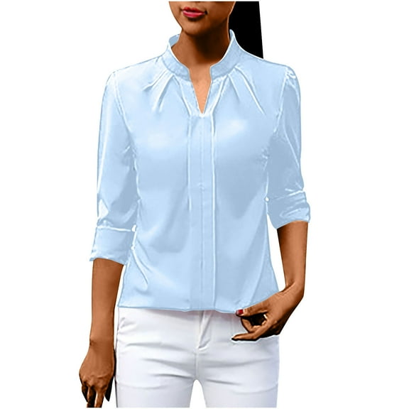 Women's Dressy Casual Blouses Elegant Chiffon Business Work Shirts Tops Long Sleeve V Neck Blouse