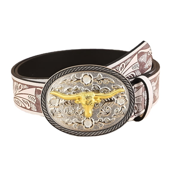 TELOLY Engraved Flower Belt Vintage Western Belt Cowboy Belt White Stone Buckle Belt Embossed Belt Jeans Belt Western Belts