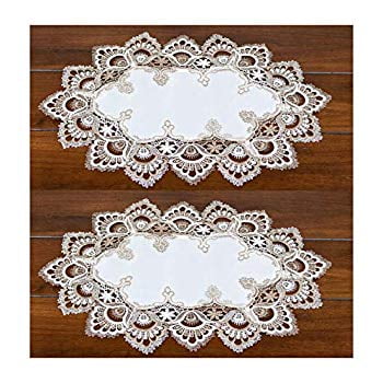 Lace Place Mat Dresser Scarf Doily Cocoa Brown Neutral and White European Place Mat 12 x 21 Inches Set of 2